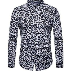 Luc Matton Men Casual Dress Shirt Top Small Long Sleeve Leopard Print Gray Black